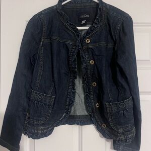 Caslon Dark Denim Jean Jacket Round Neck Buttons Ruffles S